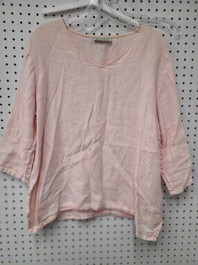 Match Point Womens Pink Linen 3/4 Sleeve Boxy Tunic Top Made In USA